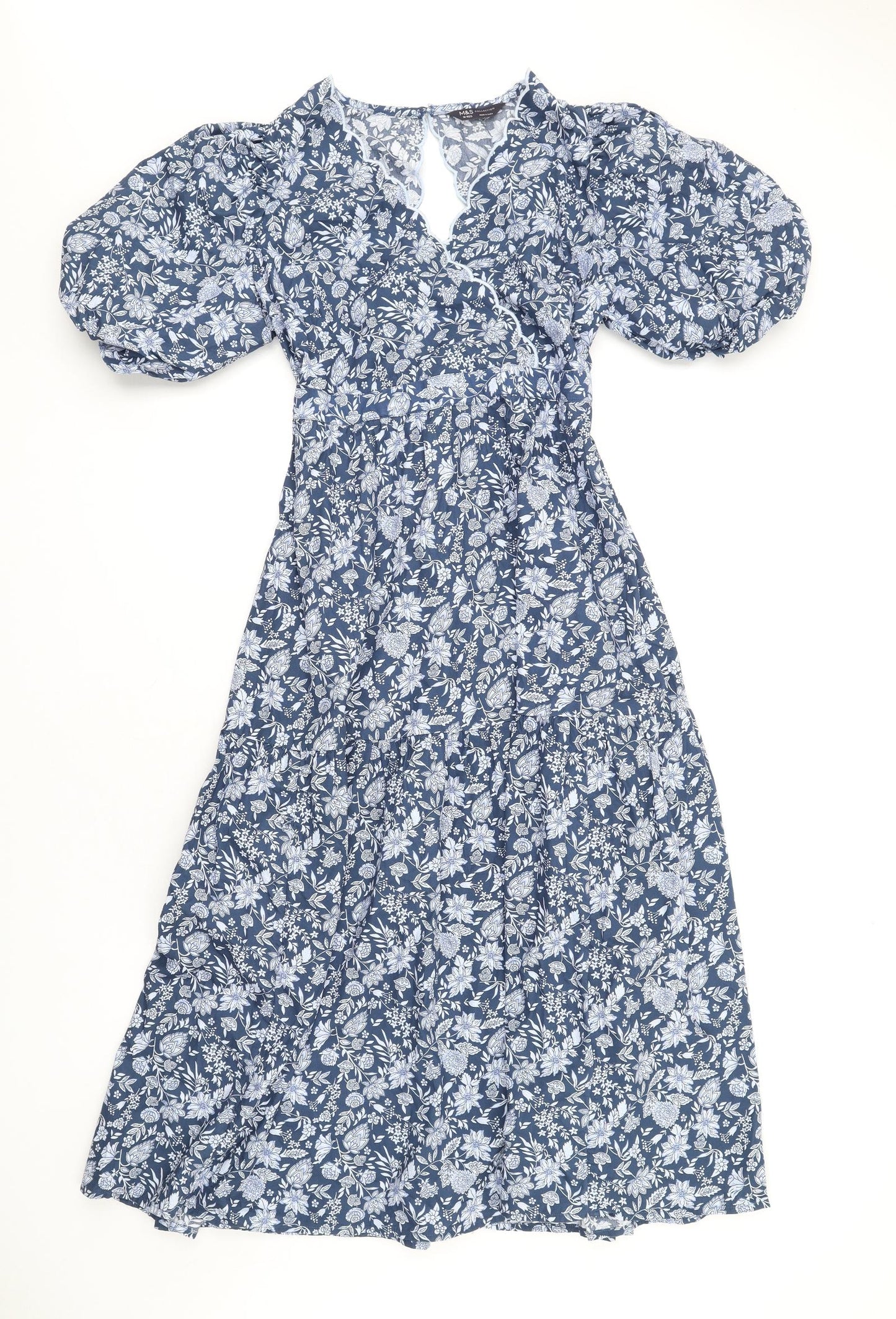 Marks and Spencer Womens Blue Floral Cotton A-Line Size 10 V-Neck Button