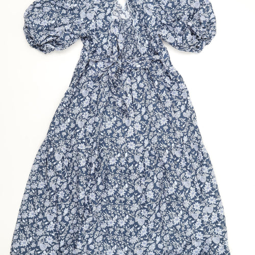 Marks and Spencer Womens Blue Floral Cotton A-Line Size 10 V-Neck Button