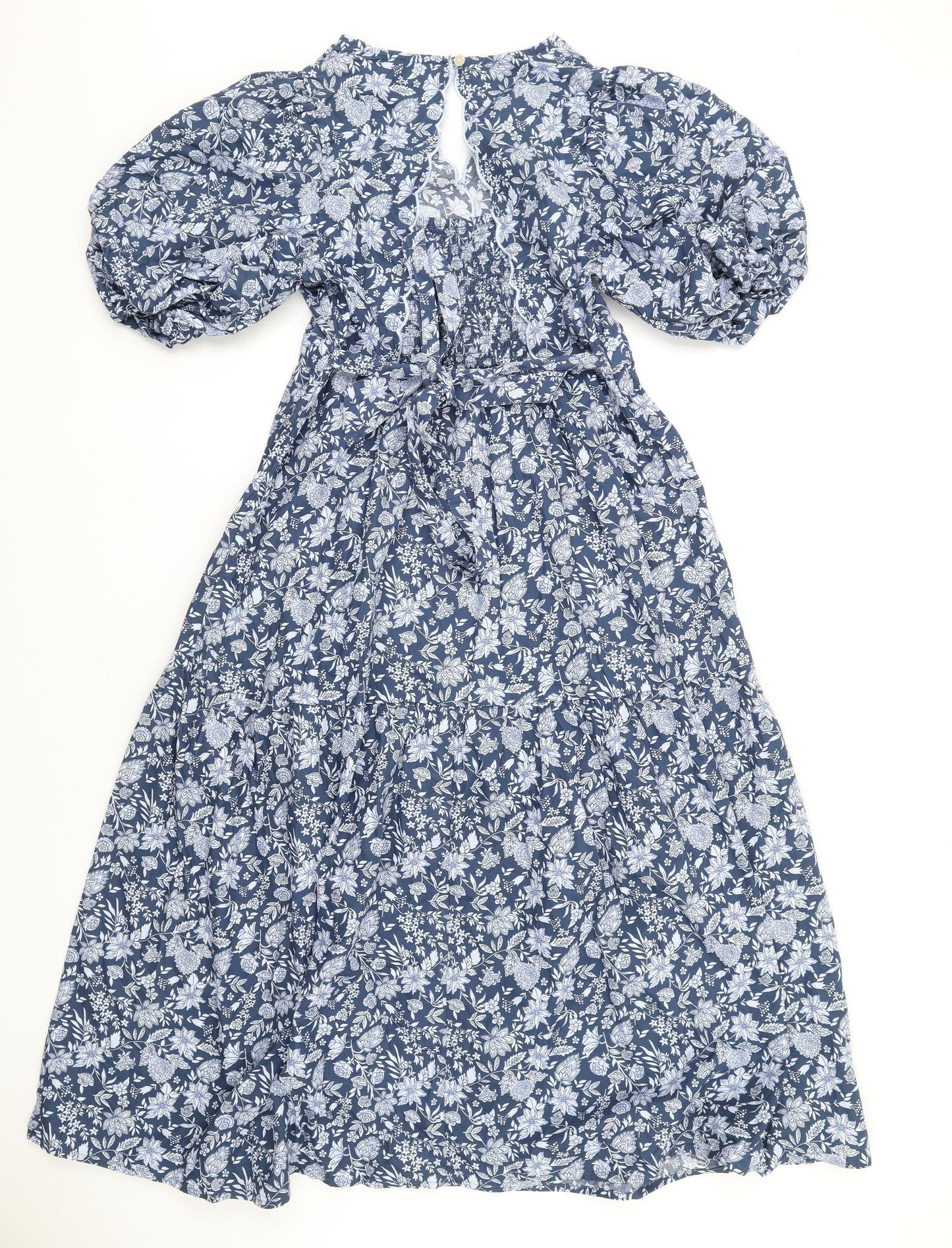 Marks and Spencer Womens Blue Floral Cotton A-Line Size 10 V-Neck Button