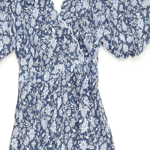 Marks and Spencer Womens Blue Floral Cotton A-Line Size 10 V-Neck Button