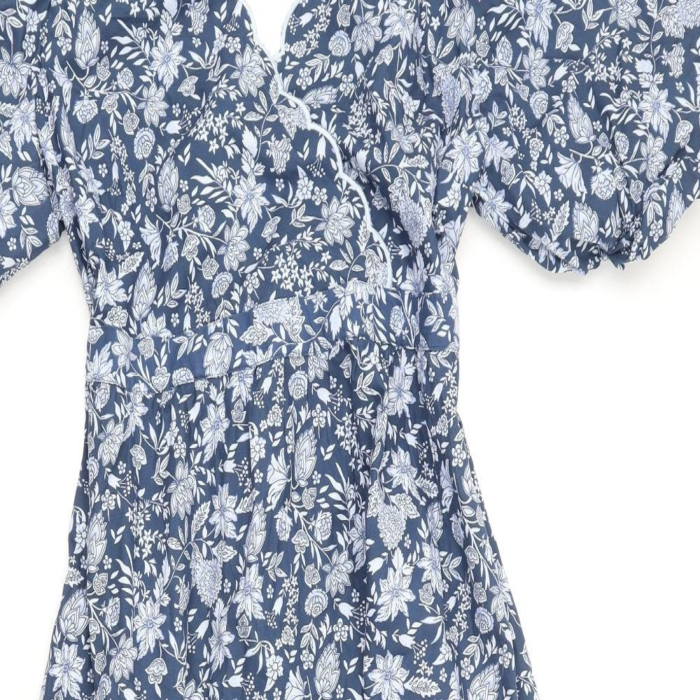 Marks and Spencer Womens Blue Floral Cotton A-Line Size 10 V-Neck Button