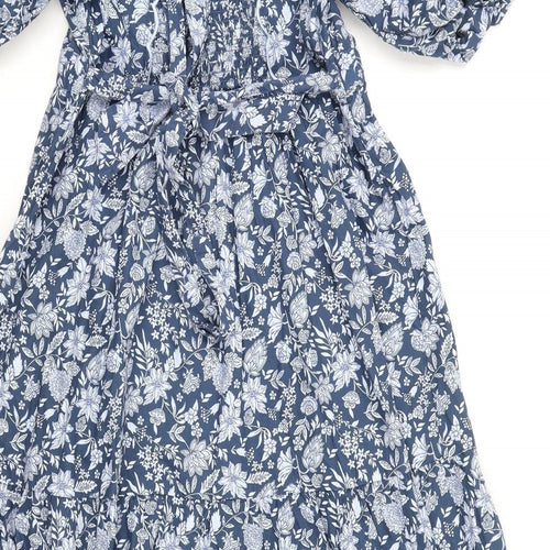 Marks and Spencer Womens Blue Floral Cotton A-Line Size 10 V-Neck Button