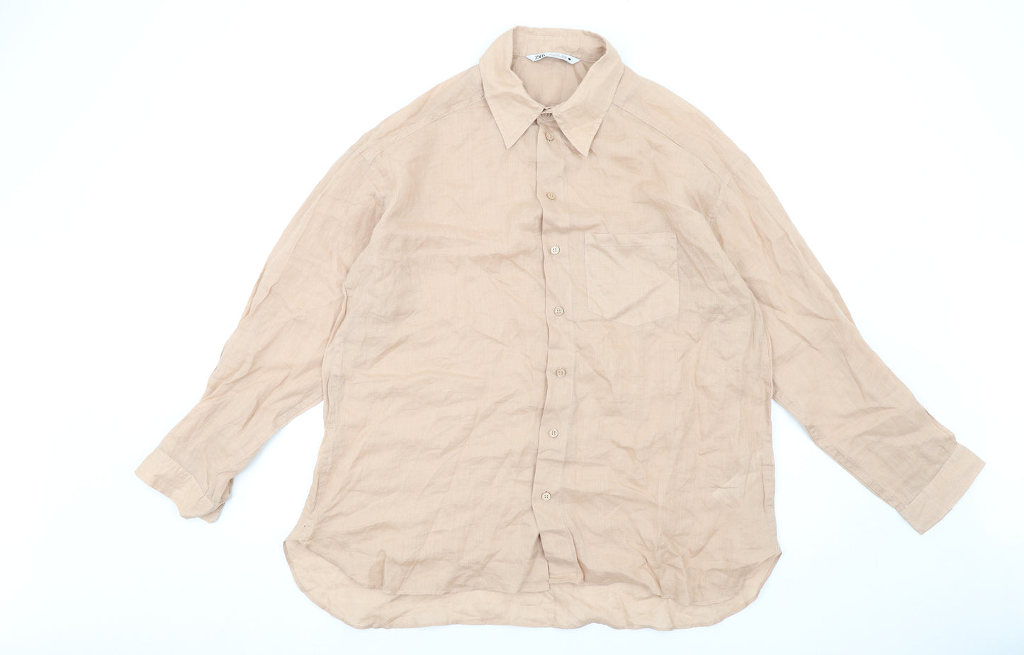 Zara Womens Beige Ramie Basic Button-Up Size L Collared