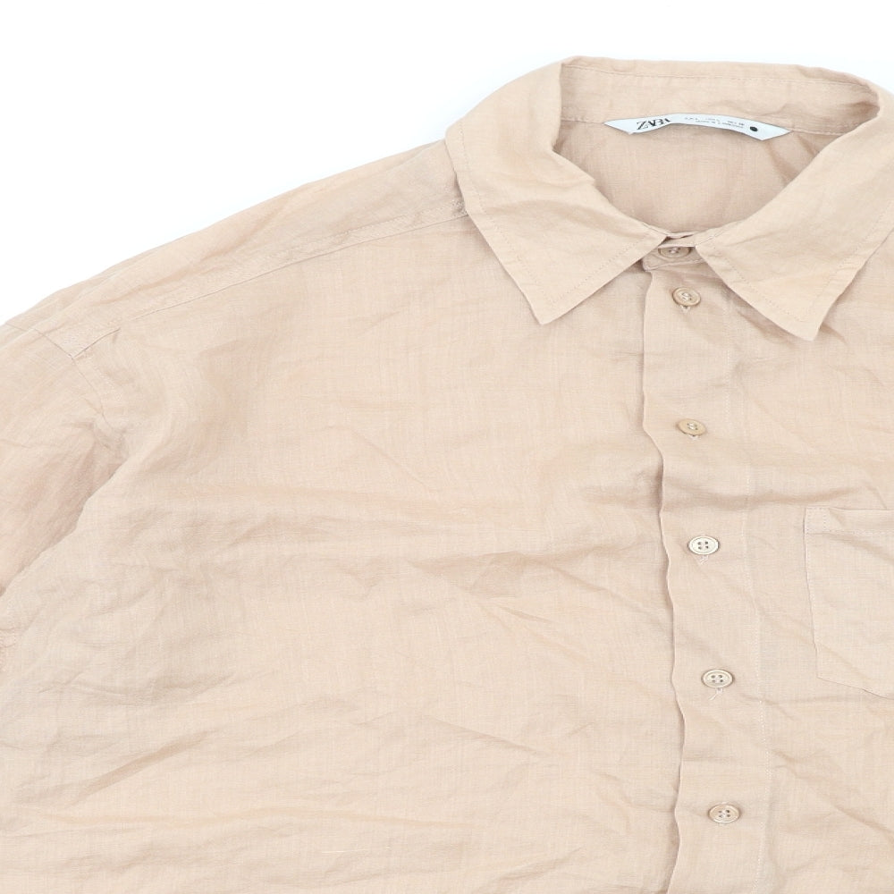Zara Womens Beige Ramie Basic Button-Up Size L Collared