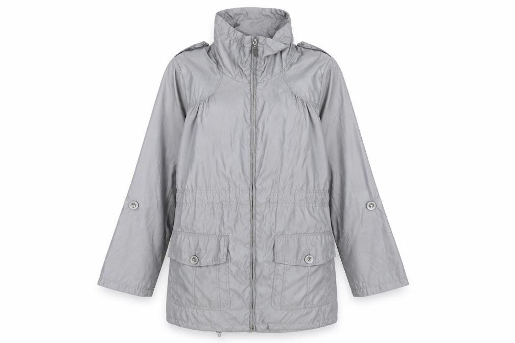 Front view of M&Co women’s grey rain coat coat, size UK 14, zip
