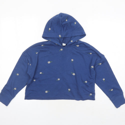 Old Navy Womens Blue Floral Cotton Pullover Hoodie Size 8 Pullover - Cropped Style