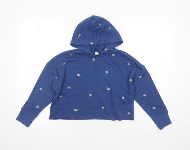 Old Navy Womens Blue Floral Cotton Pullover Hoodie Size 8 Pullover - Cropped Style