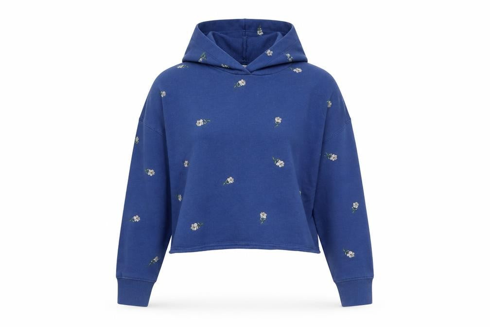Front view of Old Navy women’s blue floral cotton pullover hoodie, size UK 8, pullover - cropped style