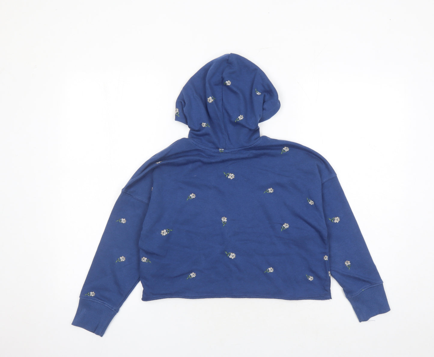 Old Navy Womens Blue Floral Cotton Pullover Hoodie Size 8 Pullover - Cropped Style