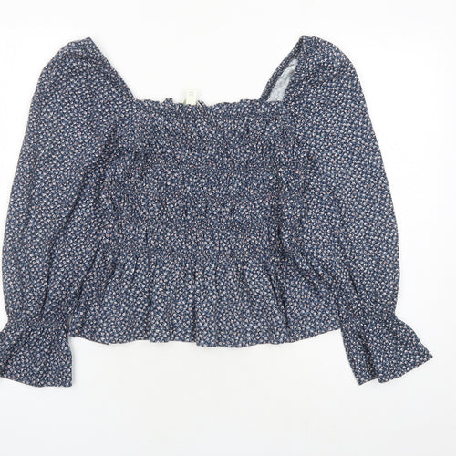 H&M Womens Blue Fair Isle 100% Cotton Basic Blouse Size M Square Neck