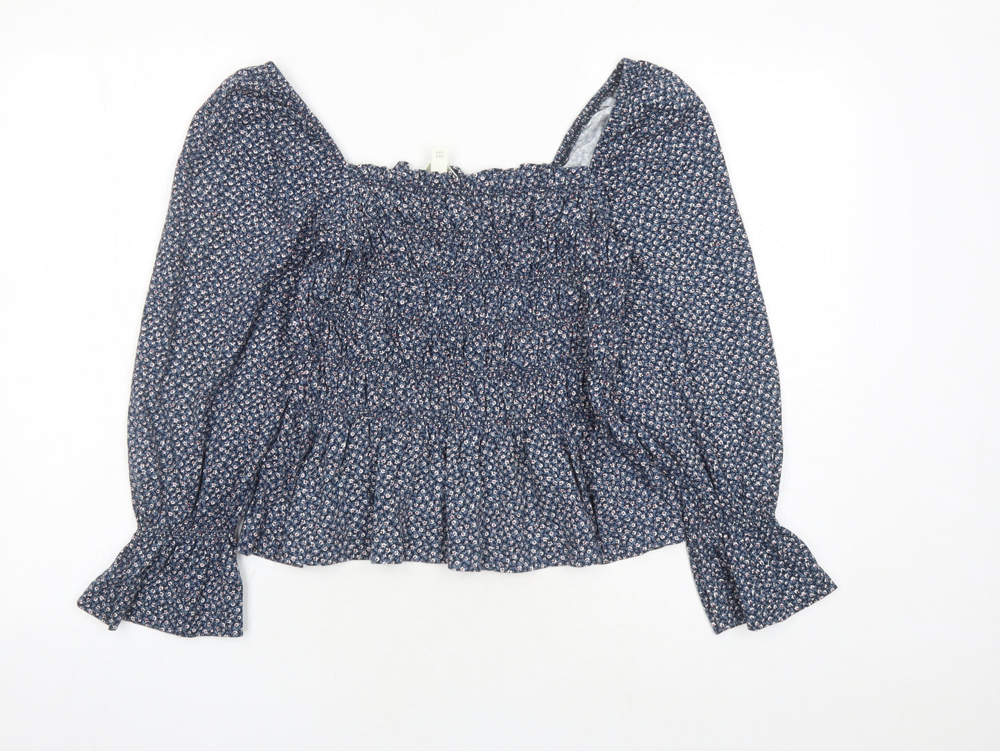 H&M Womens Blue Fair Isle 100% Cotton Basic Blouse Size M Square Neck