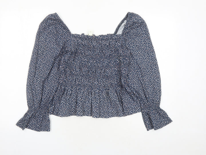 H&M Womens Blue Fair Isle 100% Cotton Basic Blouse Size M Square Neck