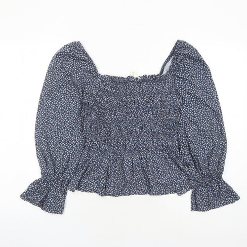 H&M Womens Blue Fair Isle 100% Cotton Basic Blouse Size M Square Neck