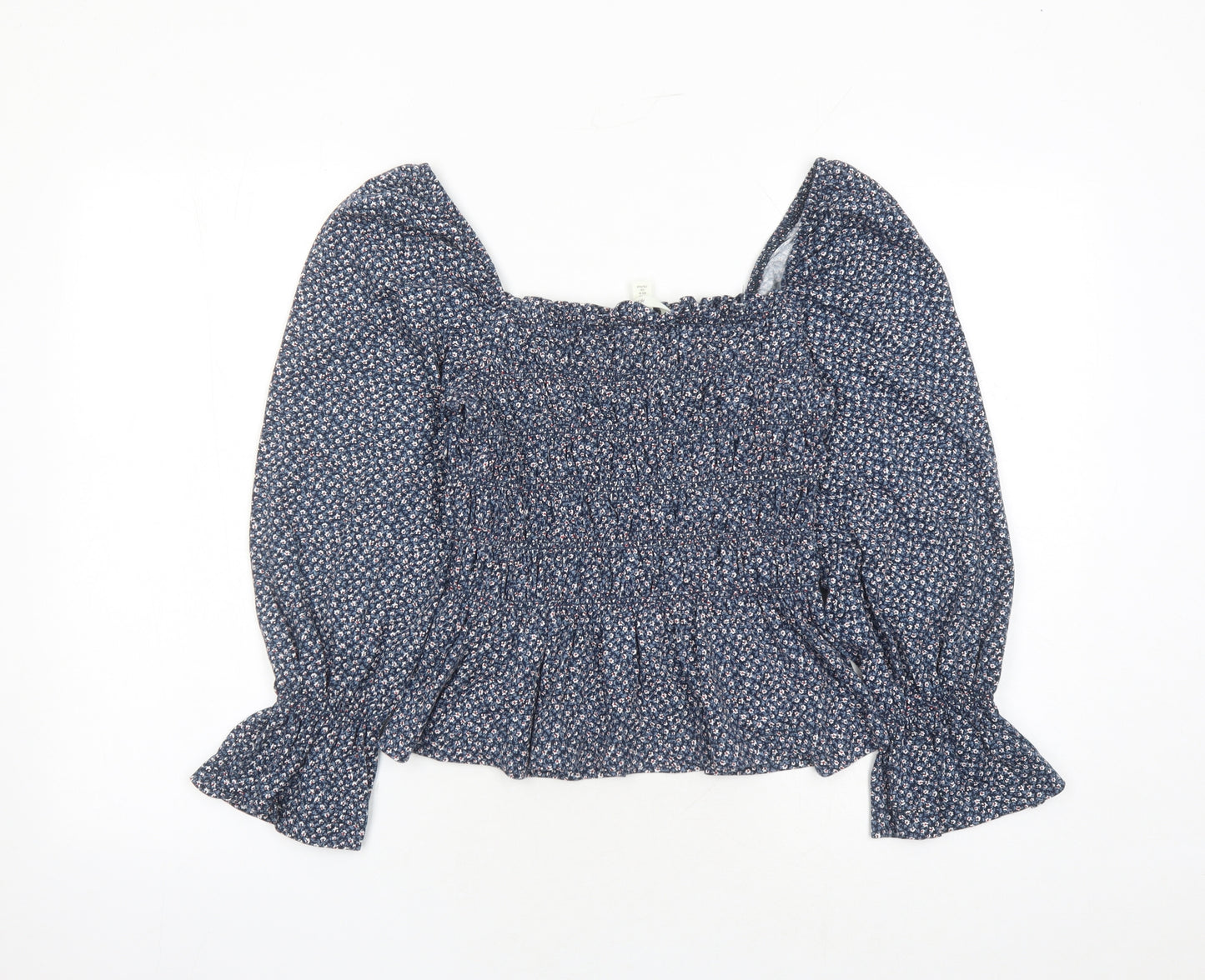 H&M Womens Blue Fair Isle 100% Cotton Basic Blouse Size M Square Neck