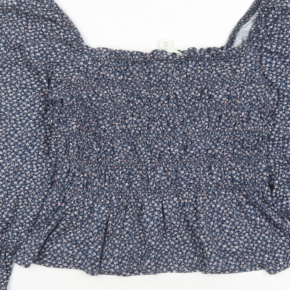 H&M Womens Blue Fair Isle 100% Cotton Basic Blouse Size M Square Neck