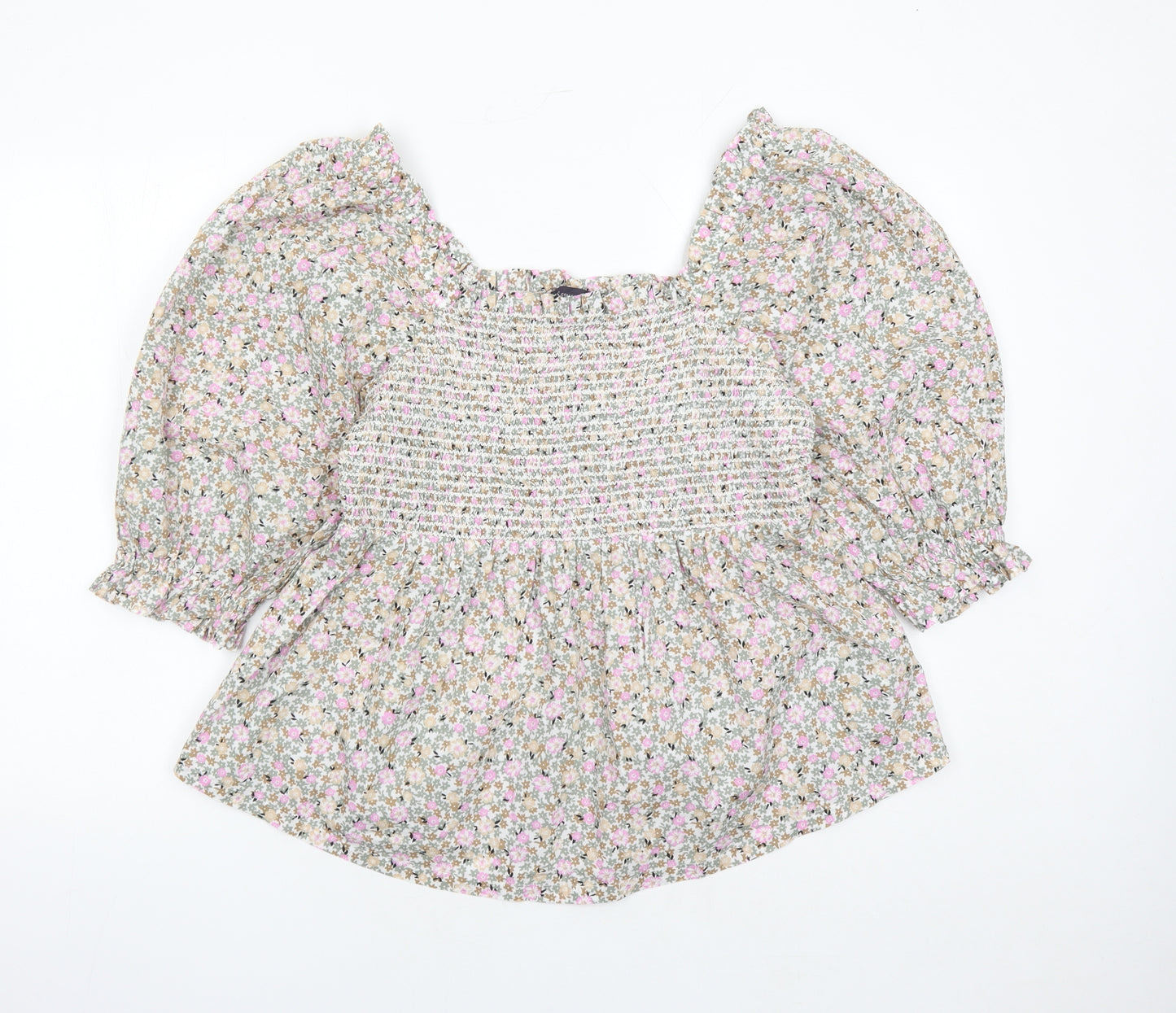 Marks and Spencer Womens Multicoloured Floral 100% Cotton Basic Blouse Size 14 Round Neck