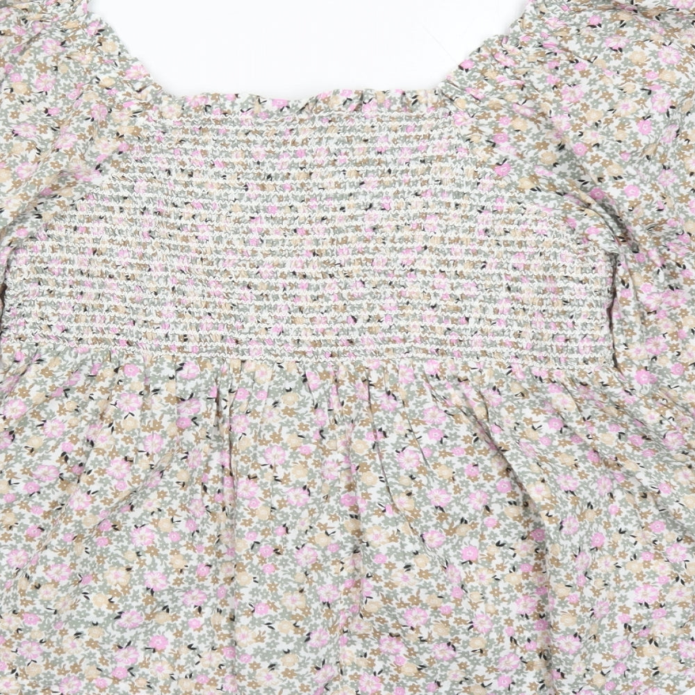 Marks and Spencer Womens Multicoloured Floral 100% Cotton Basic Blouse Size 14 Round Neck