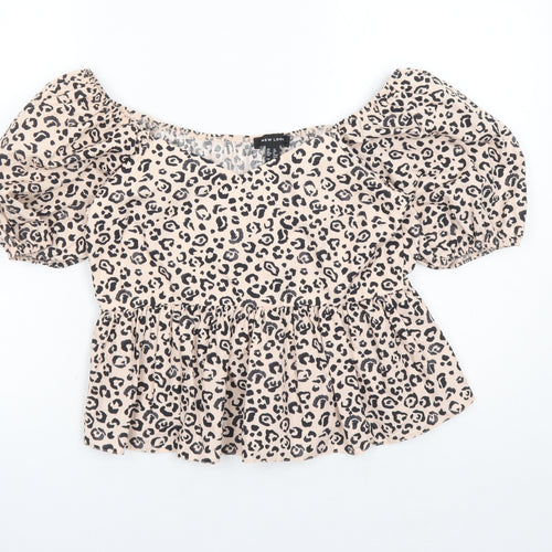 New Look Womens Pink Animal Print 100% Cotton Basic Blouse Size 12 V-Neck - Cheetah Pattern