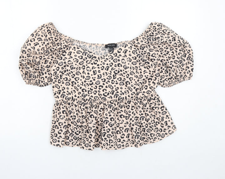 New Look Womens Pink Animal Print 100% Cotton Basic Blouse Size 12 V-Neck - Cheetah Pattern