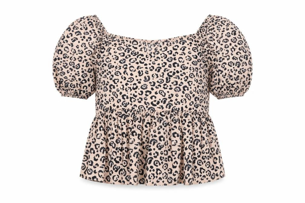 Front view of New Look women’s pink animal print 100% cotton basic blouse, size UK 12, v-neck - cheetah pattern