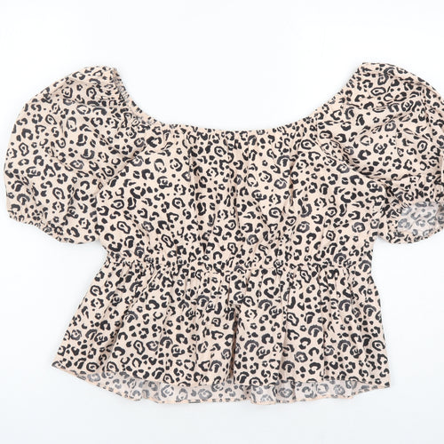 New Look Womens Pink Animal Print 100% Cotton Basic Blouse Size 12 V-Neck - Cheetah Pattern