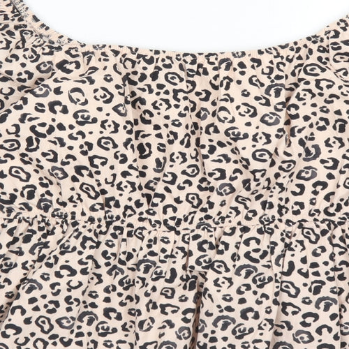 New Look Womens Pink Animal Print 100% Cotton Basic Blouse Size 12 V-Neck - Cheetah Pattern
