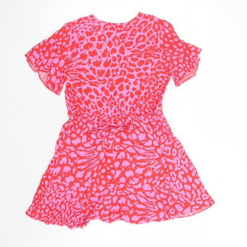 New Look Womens Pink Animal Print Viscose A-Line Size 10 V-Neck Pullover - Leopard Pattern