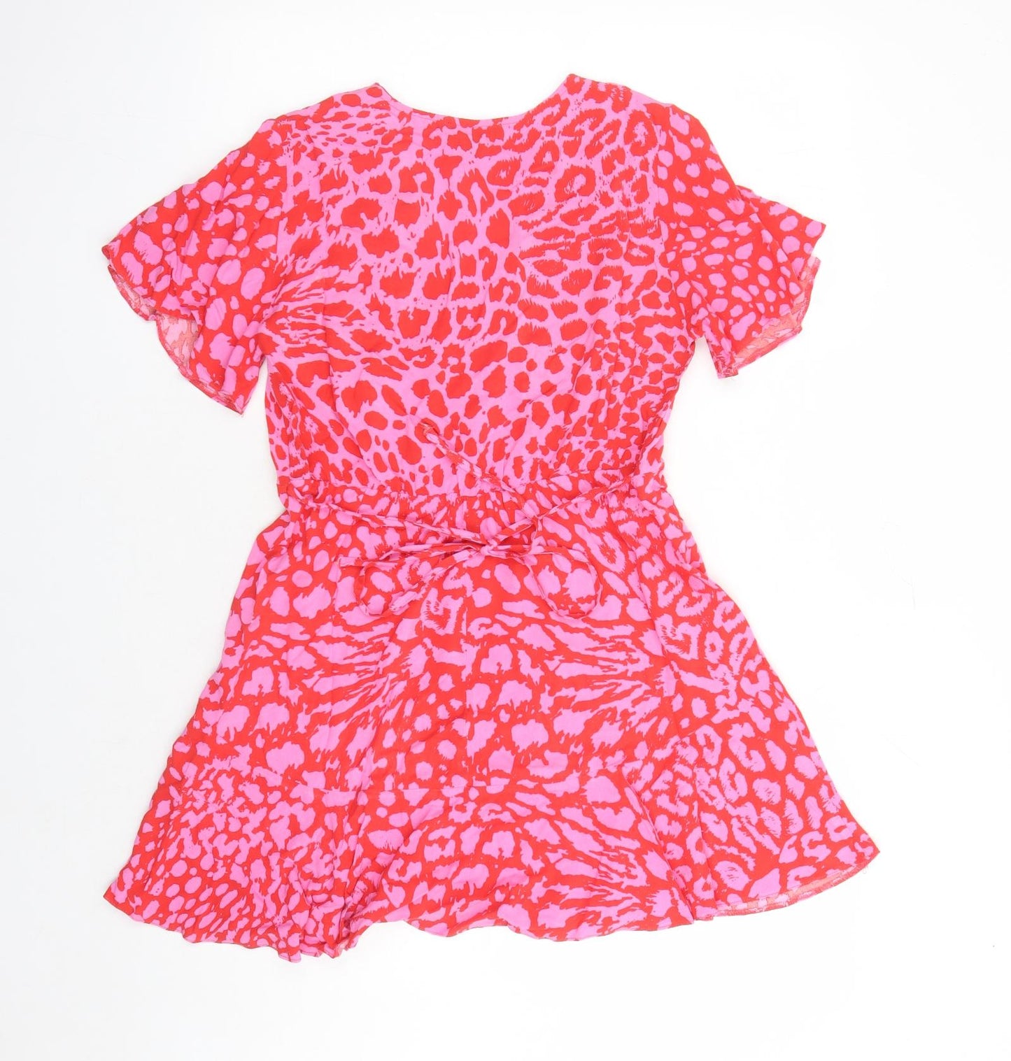 New Look Womens Pink Animal Print Viscose A-Line Size 10 V-Neck Pullover - Leopard Pattern