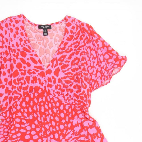 New Look Womens Pink Animal Print Viscose A-Line Size 10 V-Neck Pullover - Leopard Pattern