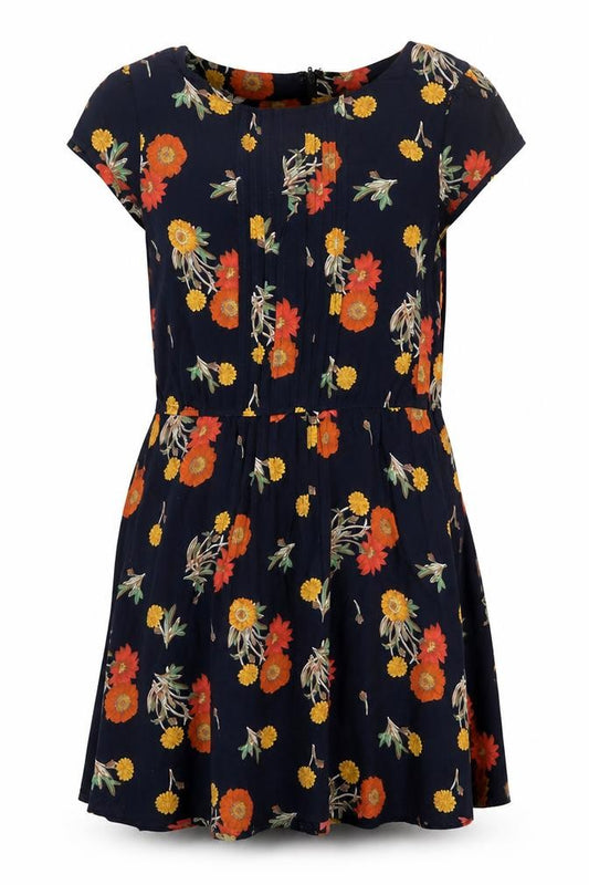 Front view of ASOS women’s blue floral viscose a-line, size UK 12, round neck zip