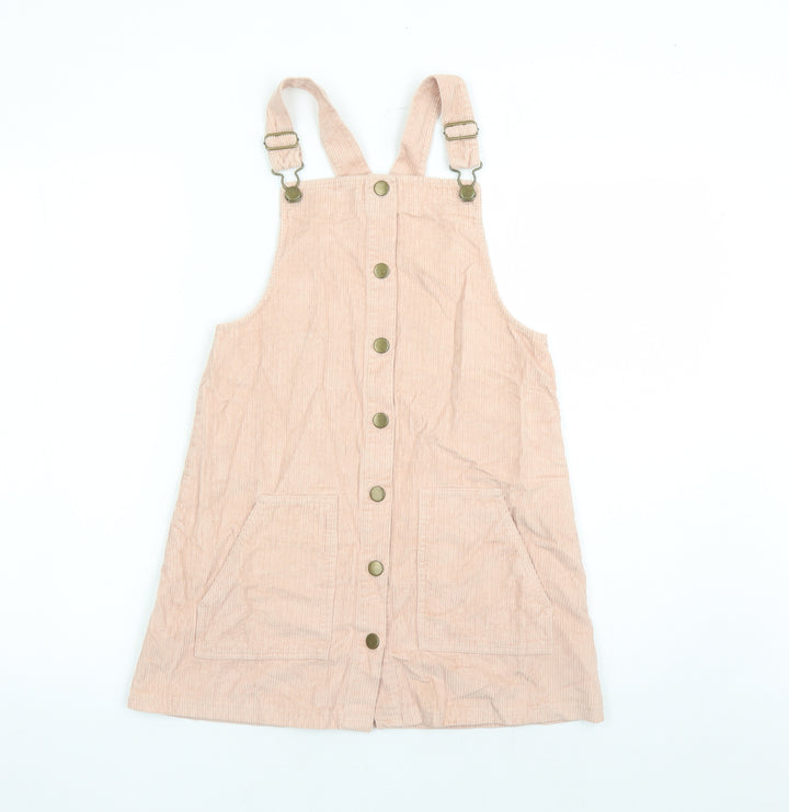 TU Girls Pink Cotton Pinafore/Dungaree Dress Size 11 Years Square Neck Button - Pockets