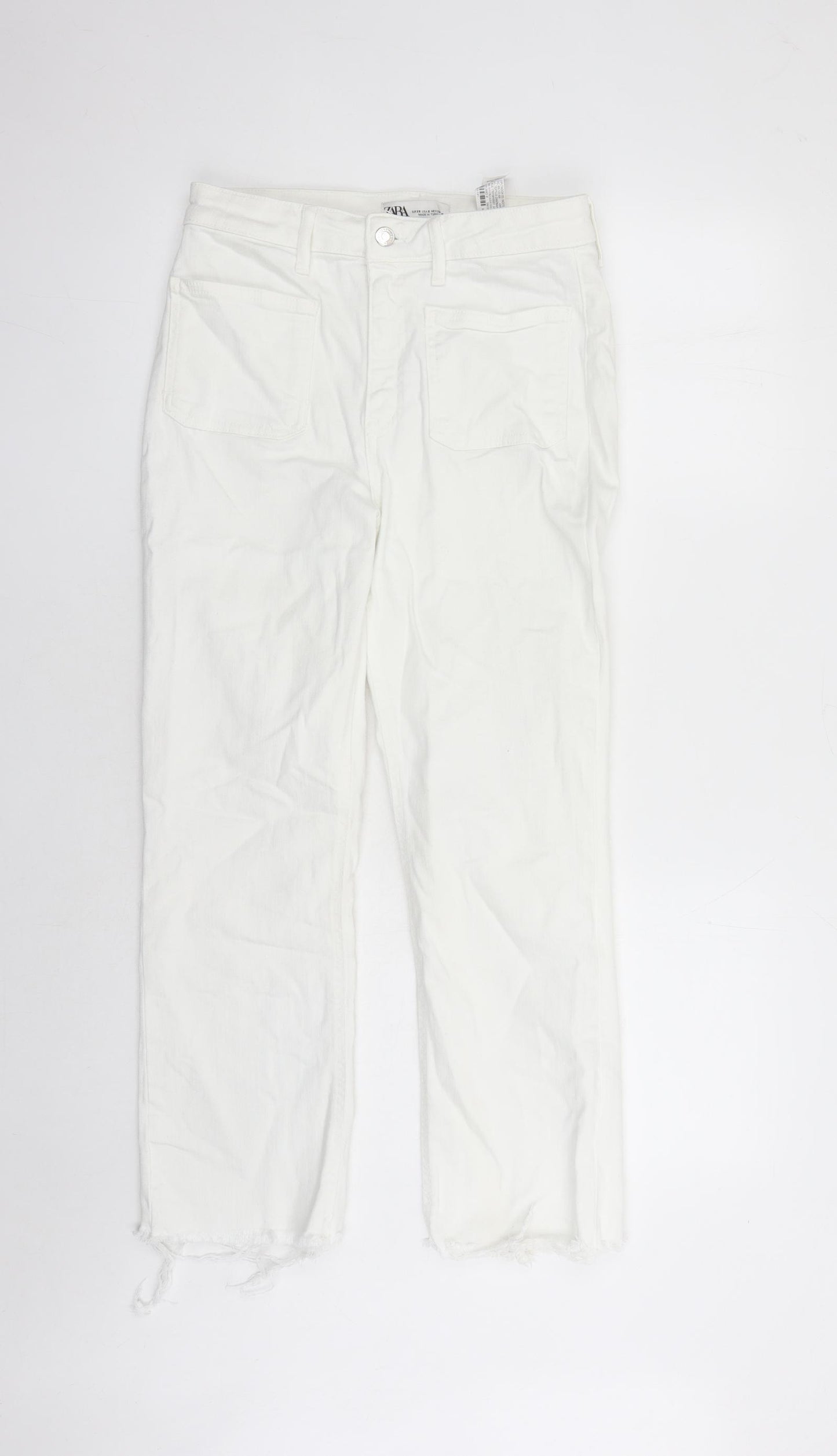 Zara Womens White Cotton Straight Jeans Size 10 L26 in Regular Zip - Raw Hems