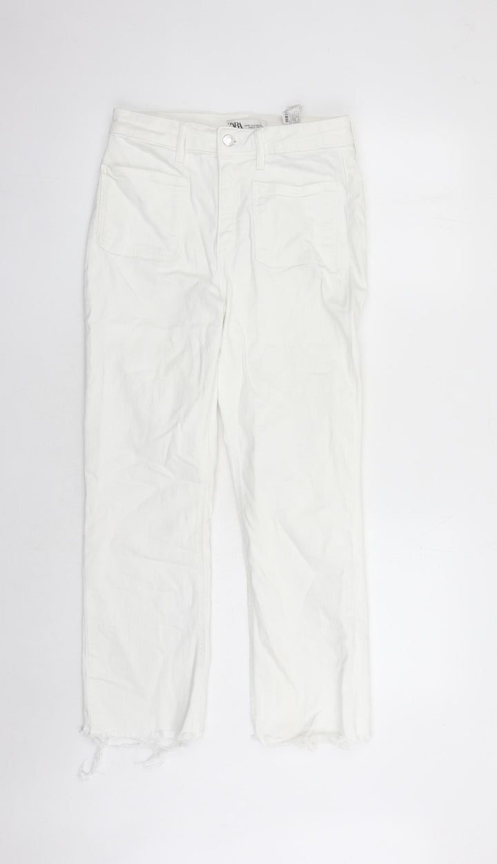 Zara Womens White Cotton Straight Jeans Size 10 L26 in Regular Zip - Raw Hems
