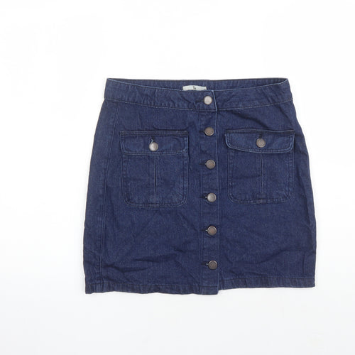 TU Womens Blue Cotton A-Line Skirt Size 10 Button - Pockets
