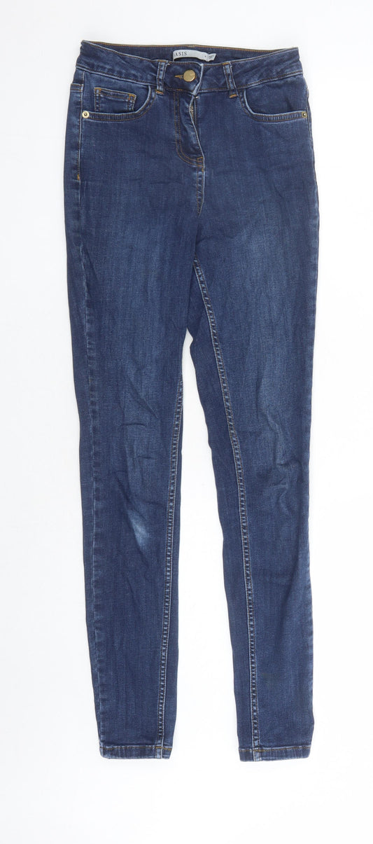 Front view of Oasis women’s blue cotton skinny jeans, size UK 8, 29-inch leg regular zip - pockets
