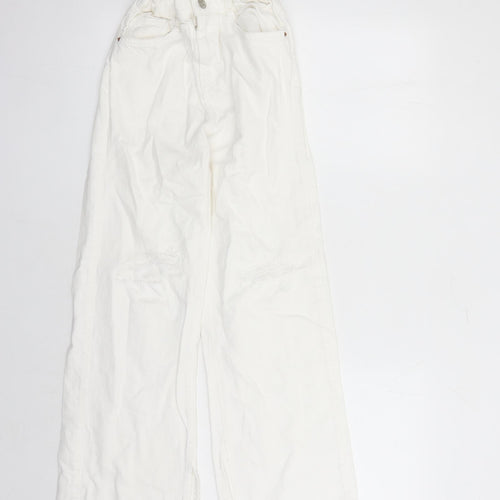Zara Girls White Cotton Wide-Leg Jeans Size 13-14 Years L25 in Regular Zip - Elasticated Waist Distressed Look Raw Hems