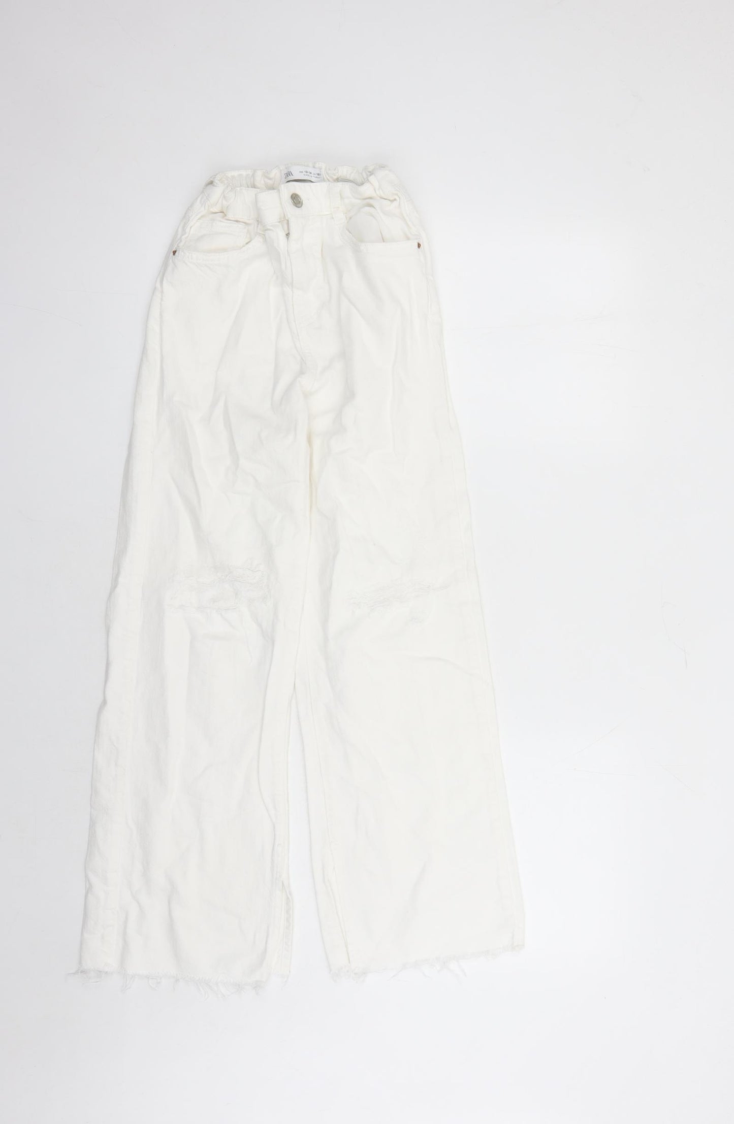 Zara Girls White Cotton Wide-Leg Jeans Size 13-14 Years L25 in Regular Zip - Elasticated Waist Distressed Look Raw Hems