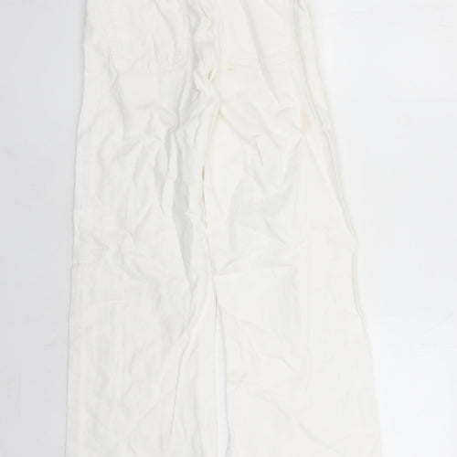 Zara Girls White Cotton Wide-Leg Jeans Size 13-14 Years L25 in Regular Zip - Elasticated Waist Distressed Look Raw Hems