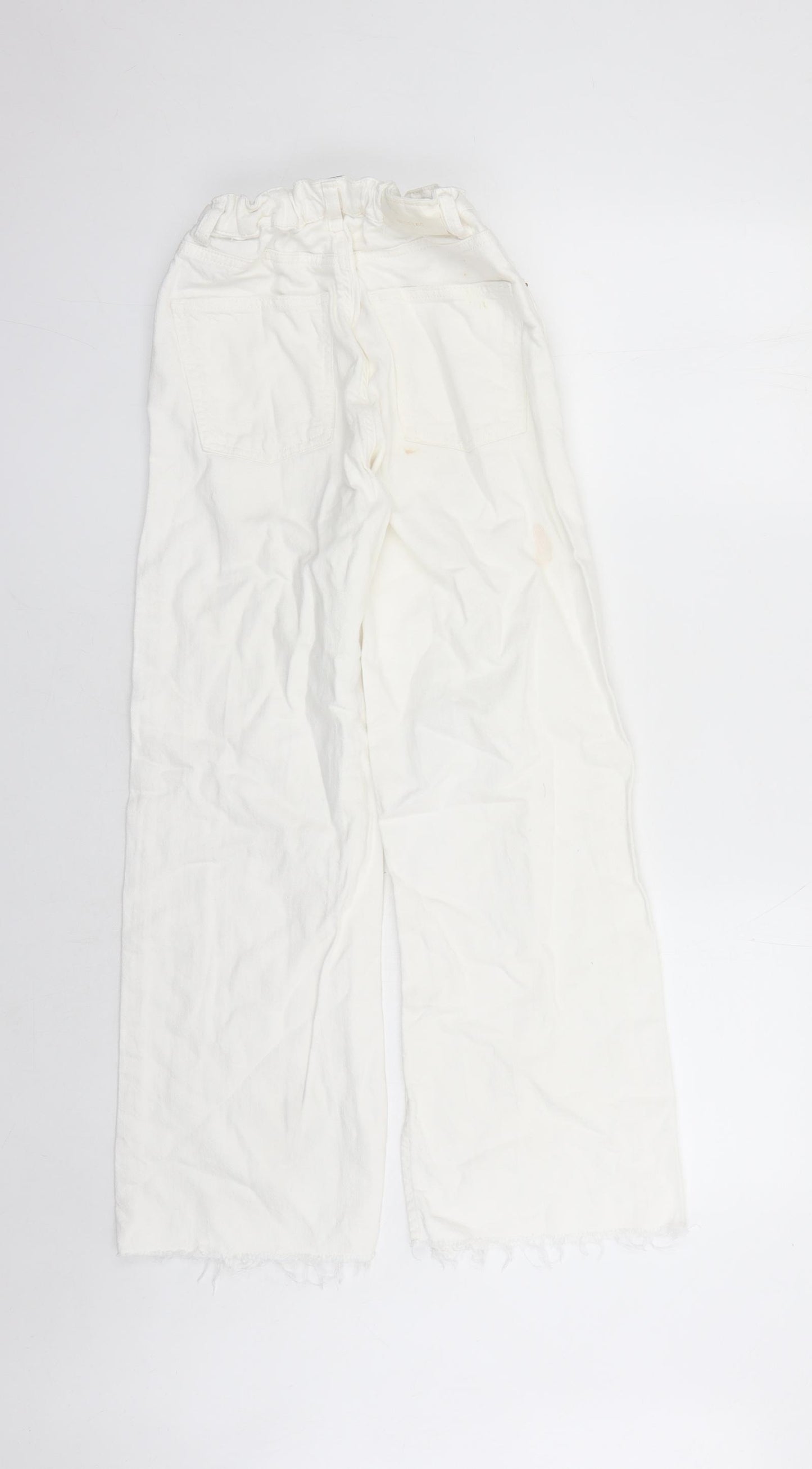 Zara Girls White Cotton Wide-Leg Jeans Size 13-14 Years L25 in Regular Zip - Elasticated Waist Distressed Look Raw Hems