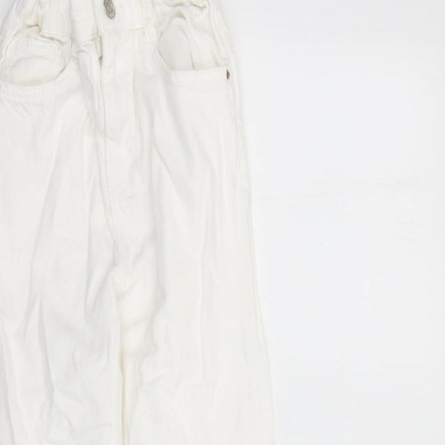Zara Girls White Cotton Wide-Leg Jeans Size 13-14 Years L25 in Regular Zip - Elasticated Waist Distressed Look Raw Hems
