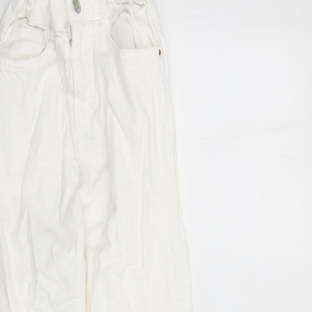 Zara Girls White Cotton Wide-Leg Jeans Size 13-14 Years L25 in Regular Zip - Elasticated Waist Distressed Look Raw Hems