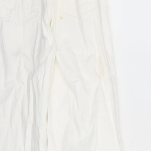 Zara Girls White Cotton Wide-Leg Jeans Size 13-14 Years L25 in Regular Zip - Elasticated Waist Distressed Look Raw Hems