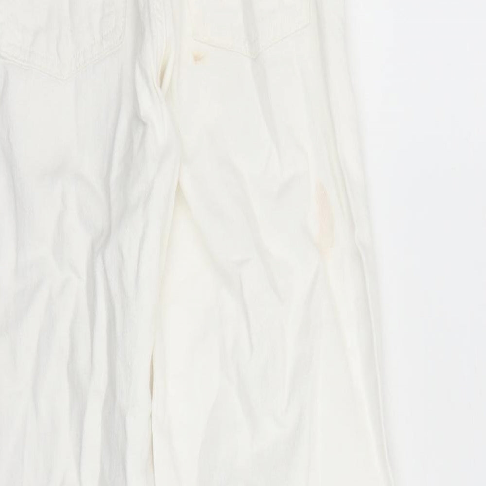 Zara Girls White Cotton Wide-Leg Jeans Size 13-14 Years L25 in Regular Zip - Elasticated Waist Distressed Look Raw Hems