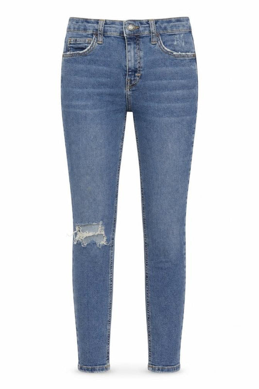 Front view of Topshop women’s blue cotton skinny jeans, size UK 26, in, 25-inch leg regular zip - pockets short leg