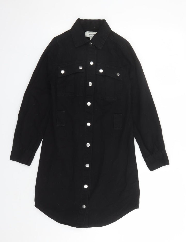New Look Womens Black Cotton Shirt Dress Size 4 Collared Snap