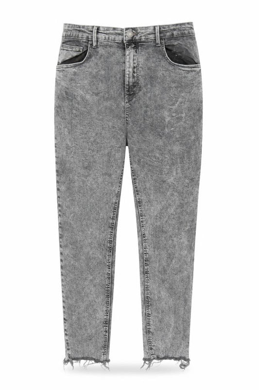 Front view of Pull&Bear women’s grey cotton straight jeans, size UK 14, 26-inch leg regular zip - raw hems pockets