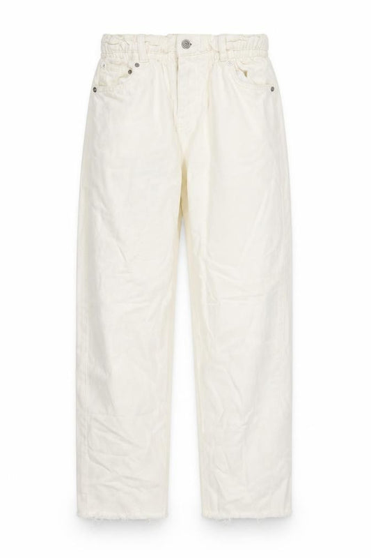 Front view of Denim & Co. women’s white cotton straight jeans, size UK 8, 27-inch leg regular zip - elasticated waist pockets