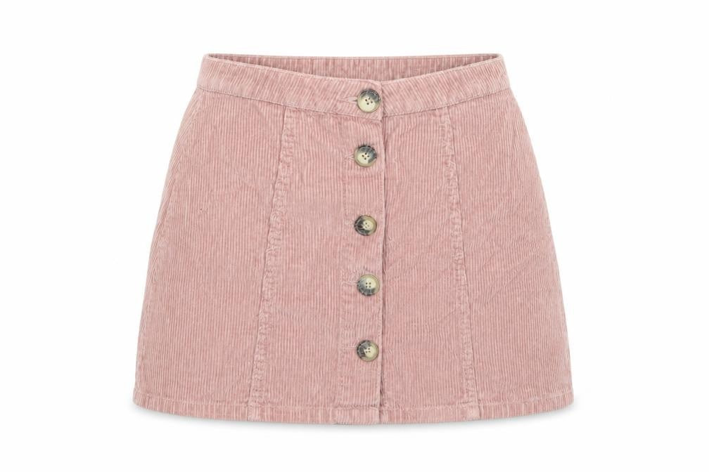 Front view of Denim & Co. women’s pink cotton mini skirt, size UK 10, button