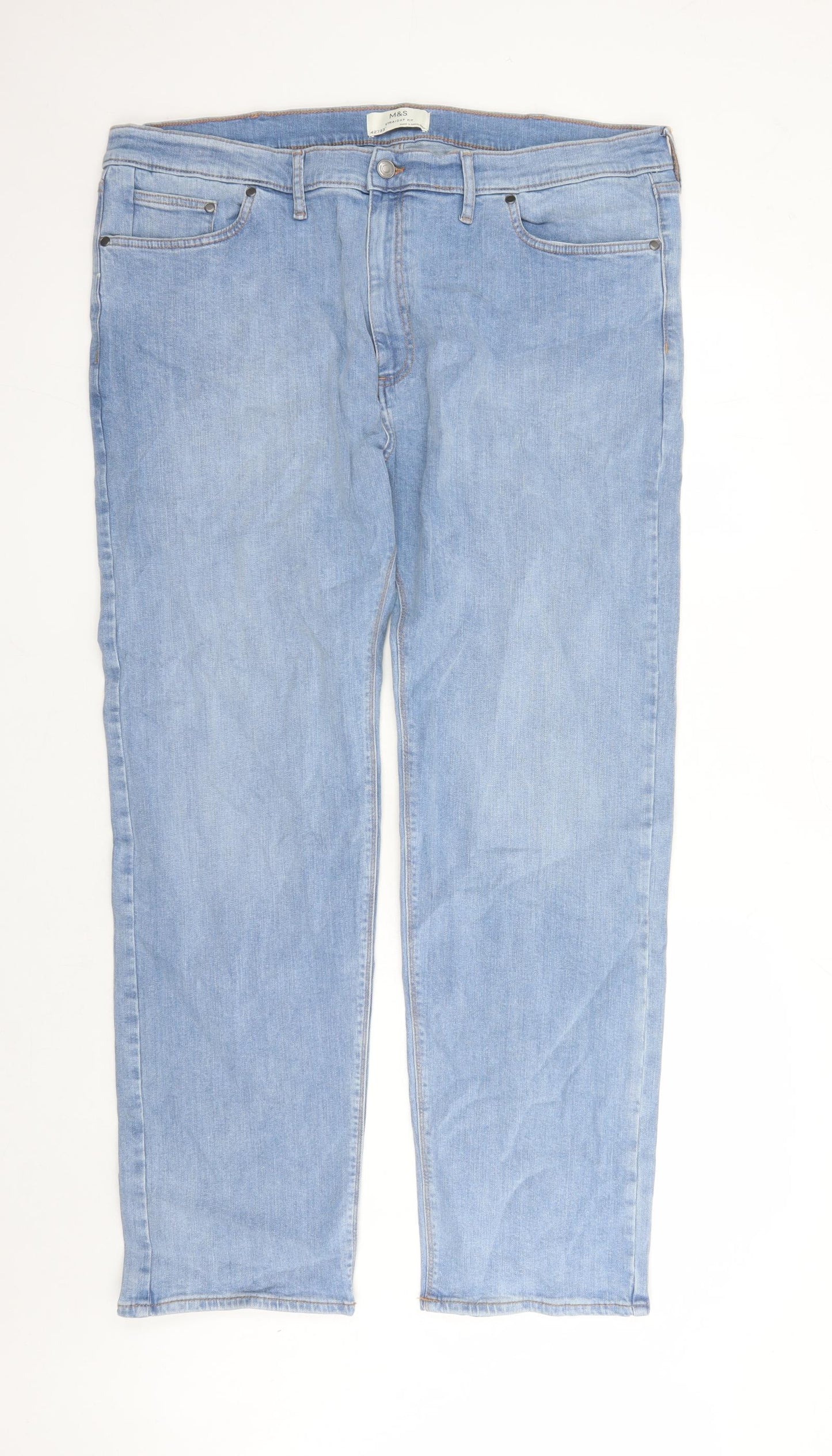 Marks and Spencer Mens Blue Cotton Straight Jeans Size 42 in L33 in Regular Zip - Pockets Long Leg