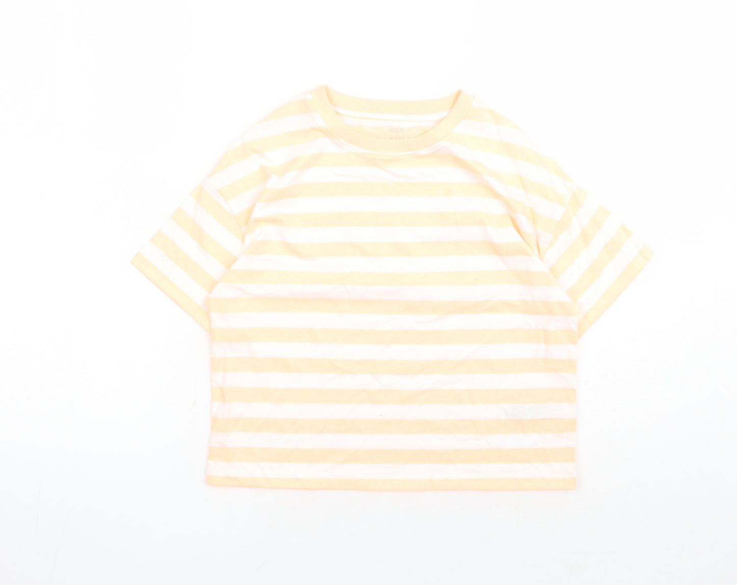 Marks and Spencer Girls Orange Striped Cotton Basic T-Shirt Size 9-10 Years Crew Neck Pullover